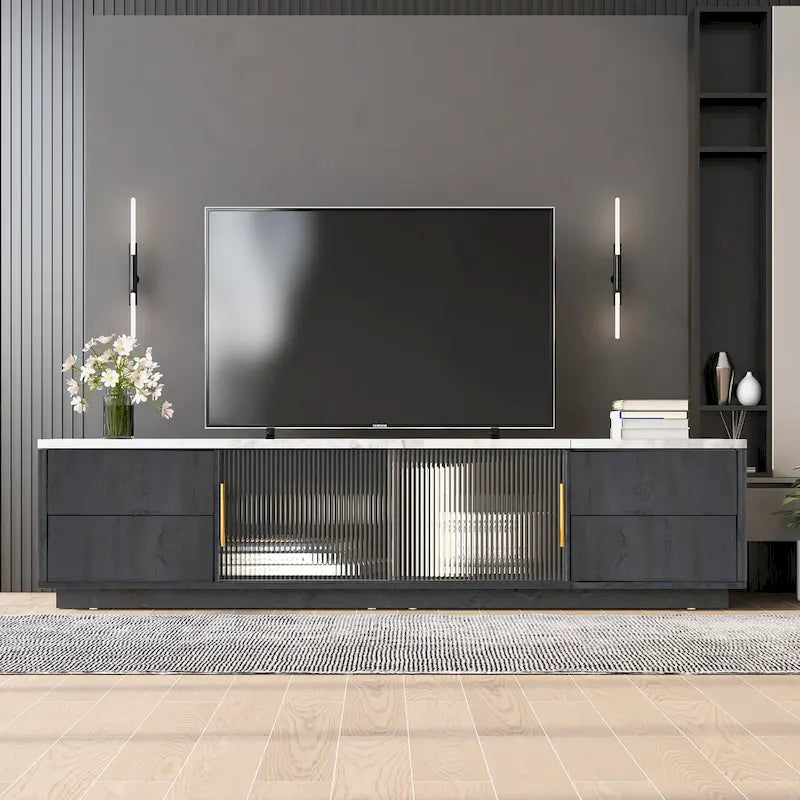 Meuble TV moderne pour TV 70 pouces avec 4 tiroirs, table console média, centre de divertissement avec grand meuble de rangement