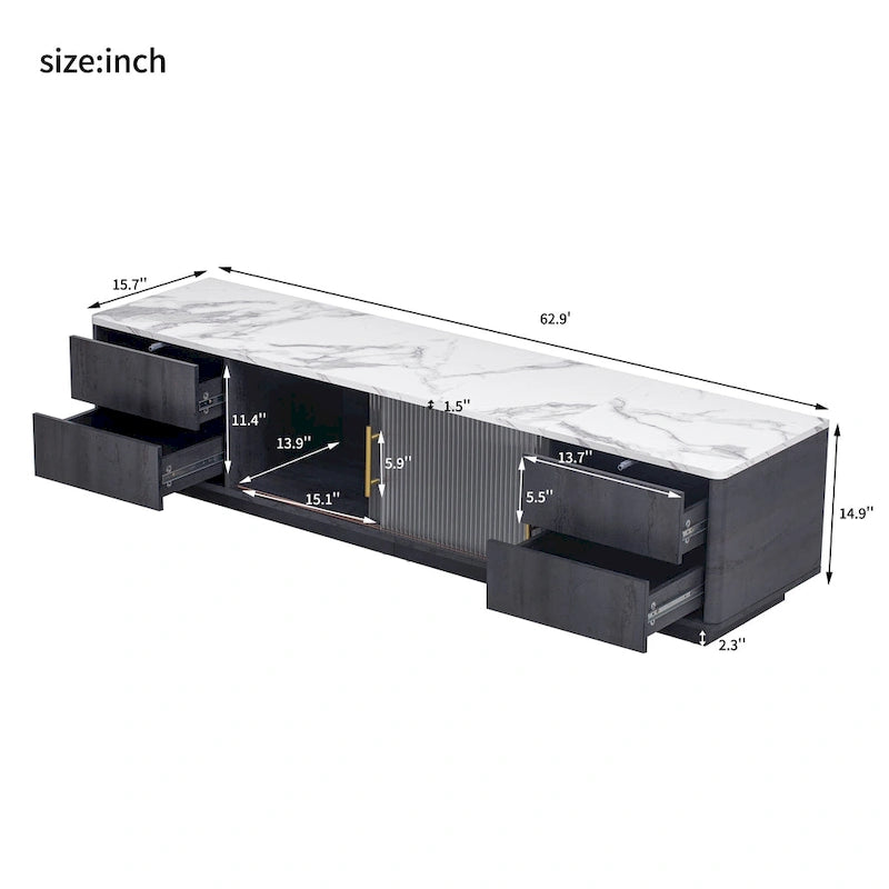 Meuble TV moderne pour TV 70 pouces avec 4 tiroirs, table console média, centre de divertissement avec grand meuble de rangement