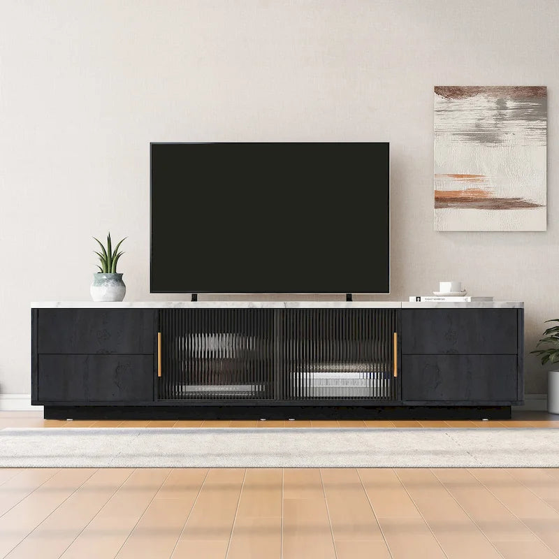 Meuble TV moderne pour TV 70 pouces avec 4 tiroirs, table console média, centre de divertissement avec grand meuble de rangement