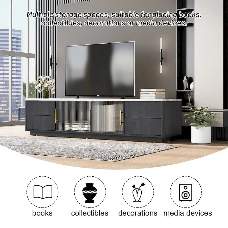 Meuble TV moderne pour TV 70 pouces avec 4 tiroirs, table console média, centre de divertissement avec grand meuble de rangement