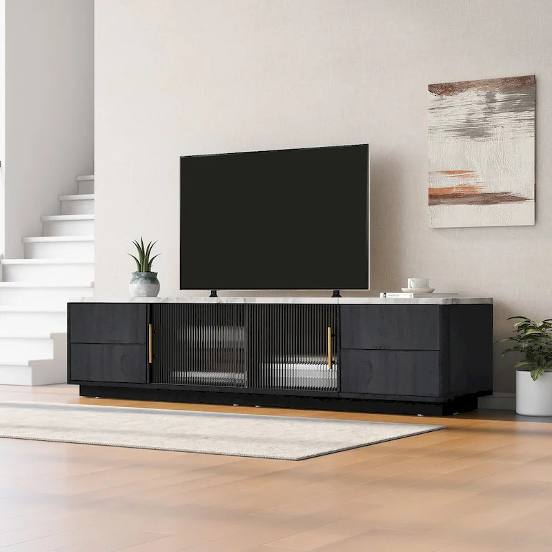 Meuble TV moderne pour TV 70 pouces avec 4 tiroirs, table console média, centre de divertissement avec grand meuble de rangement