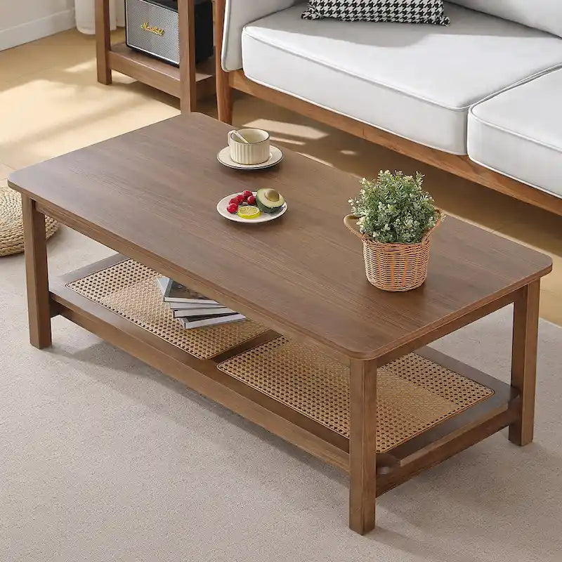 Table basse rectangulaire à 2 niveaux avec étagère de rangement en rotin - 120 L x 60 l x 45 H cm