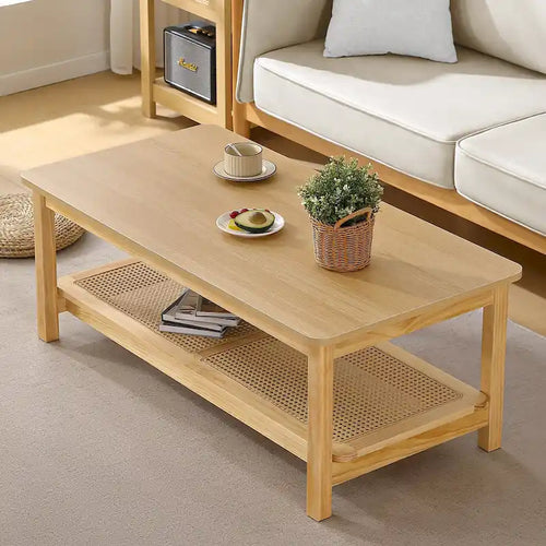 Table basse rectangulaire à 2 niveaux avec étagère de rangement en rotin - 120 L x 60 l x 45 H cm