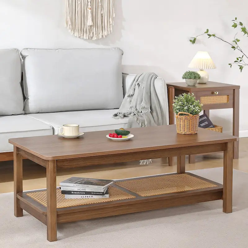 Table basse rectangulaire à 2 niveaux avec étagère de rangement en rotin - 120 L x 60 l x 45 H cm