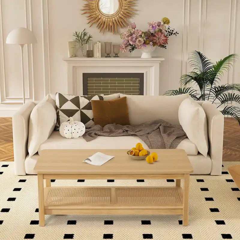 Table basse rectangulaire à 2 niveaux avec étagère de rangement en rotin - 120 L x 60 l x 45 H cm