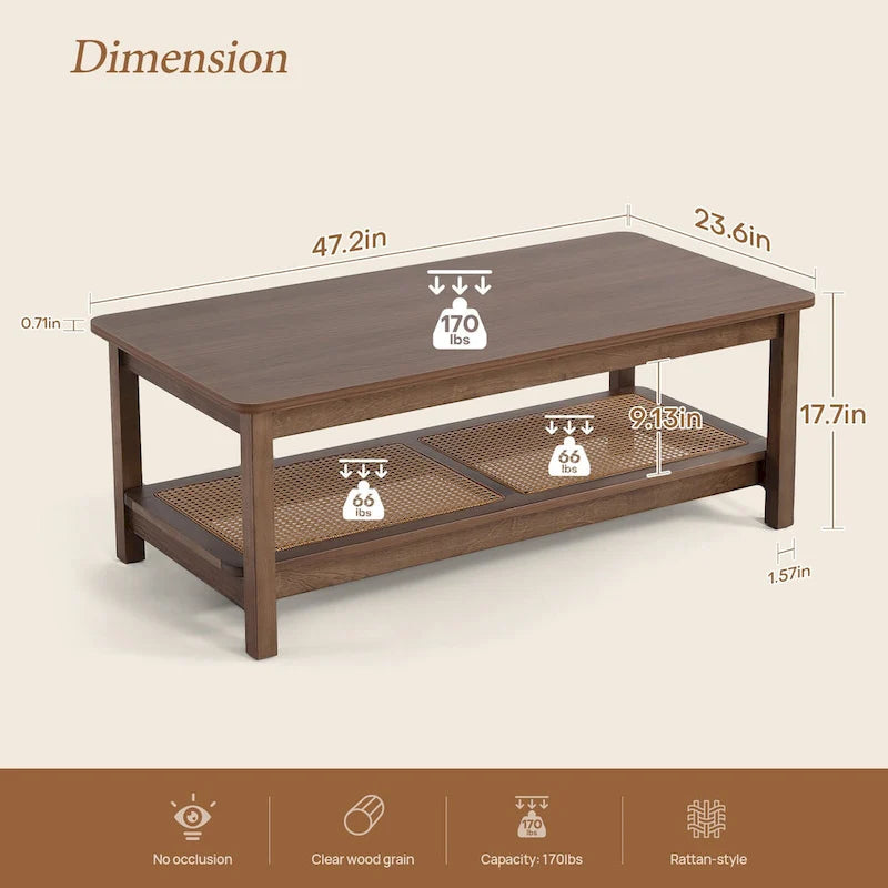 Table basse rectangulaire à 2 niveaux avec étagère de rangement en rotin - 120 L x 60 l x 45 H cm