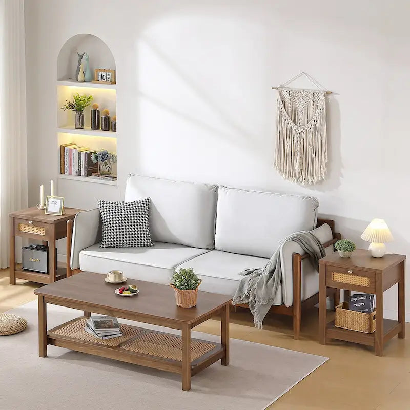 Table basse rectangulaire à 2 niveaux avec étagère de rangement en rotin - 120 L x 60 l x 45 H cm