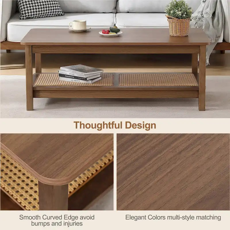 Table basse rectangulaire à 2 niveaux avec étagère de rangement en rotin - 120 L x 60 l x 45 H cm