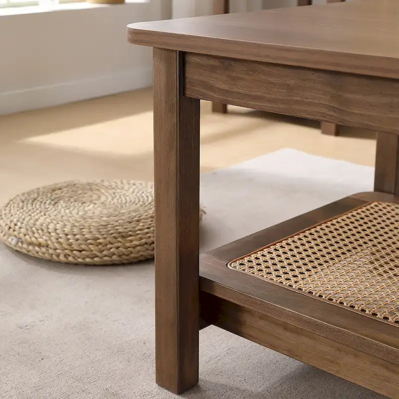 Table basse rectangulaire à 2 niveaux avec étagère de rangement en rotin - 120 L x 60 l x 45 H cm