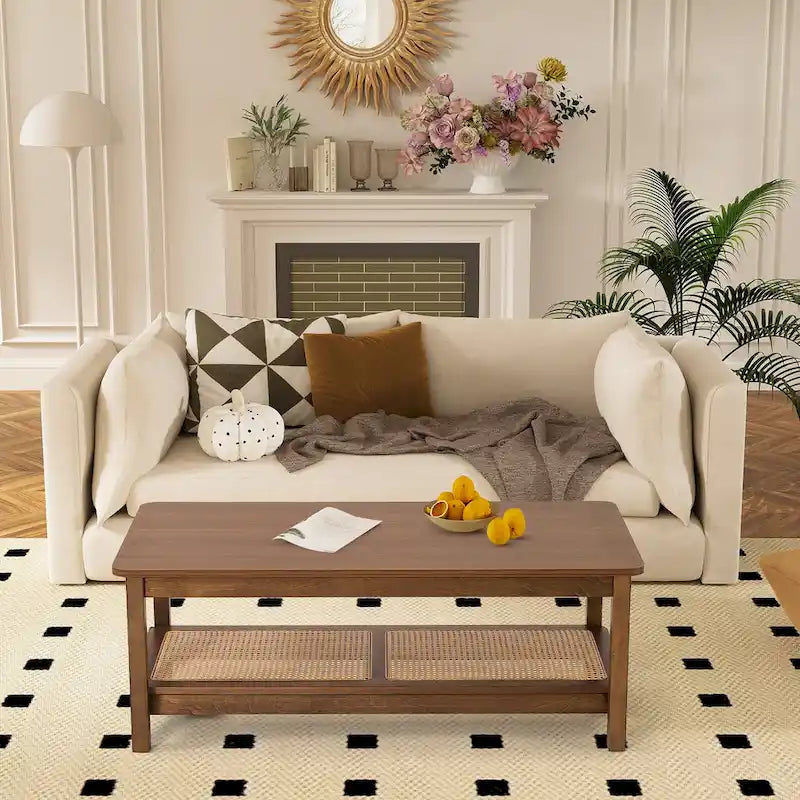 Table basse rectangulaire à 2 niveaux avec étagère de rangement en rotin - 120 L x 60 l x 45 H cm