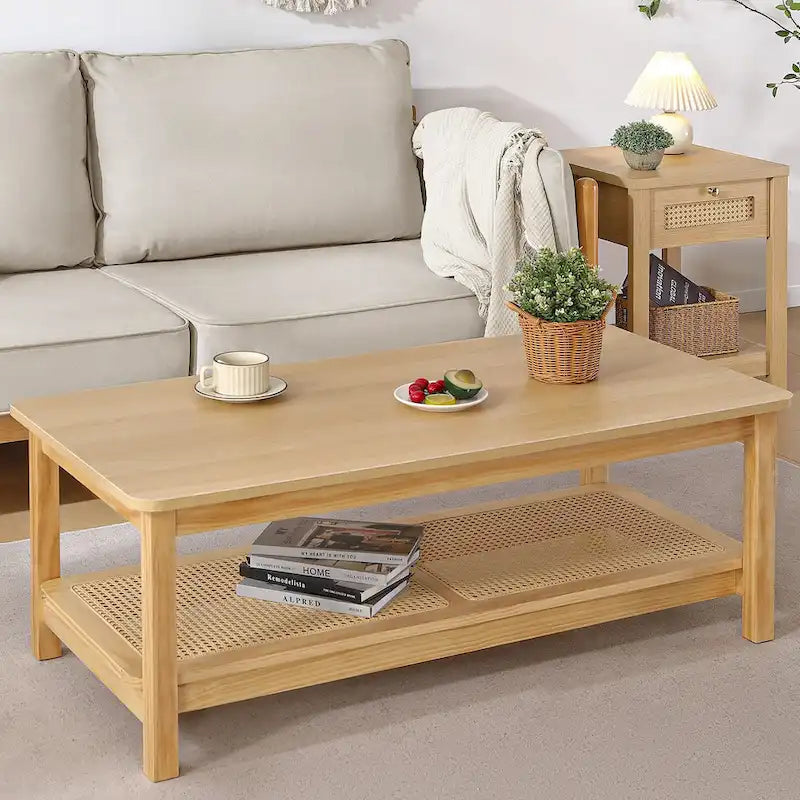 Table basse rectangulaire à 2 niveaux avec étagère de rangement en rotin - 120 L x 60 l x 45 H cm