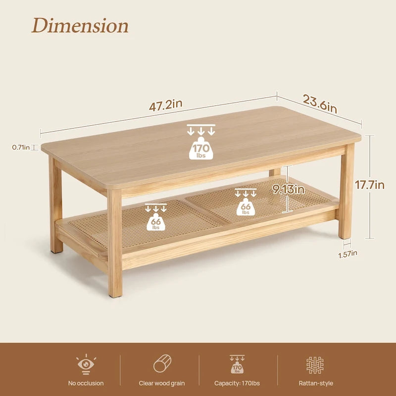 Table basse rectangulaire à 2 niveaux avec étagère de rangement en rotin - 120 L x 60 l x 45 H cm