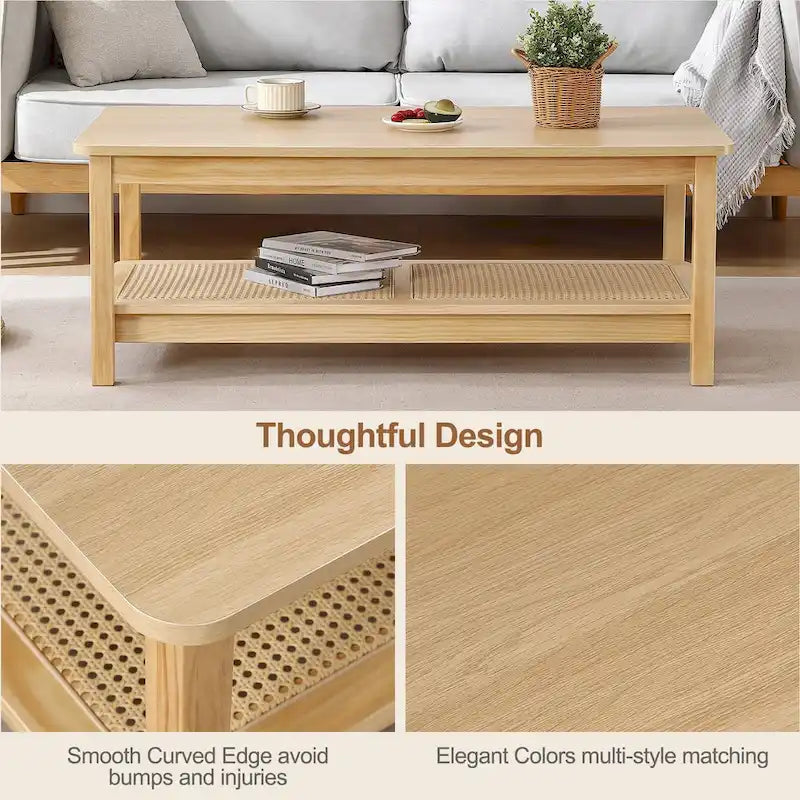 Table basse rectangulaire à 2 niveaux avec étagère de rangement en rotin - 120 L x 60 l x 45 H cm