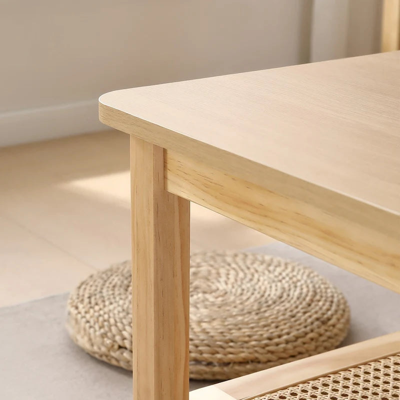 Table basse rectangulaire à 2 niveaux avec étagère de rangement en rotin - 120 L x 60 l x 45 H cm