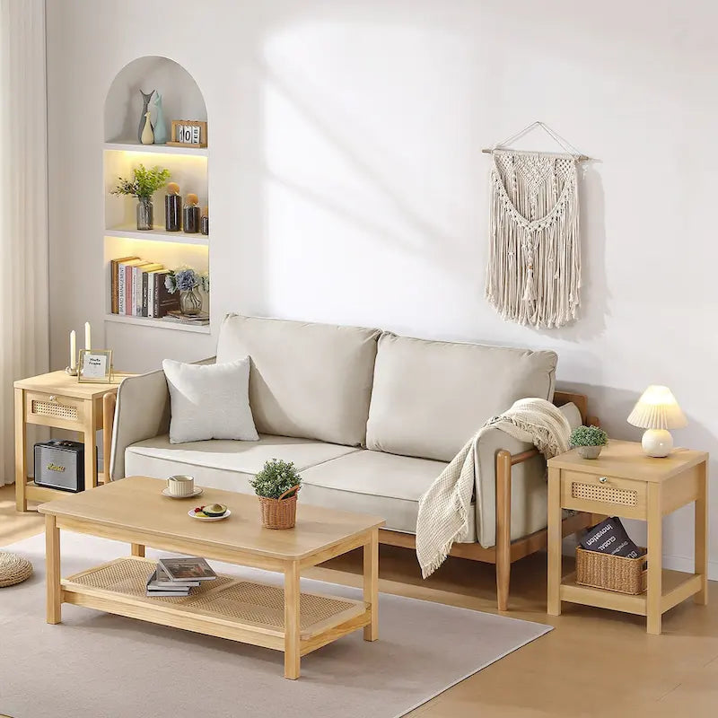 Table basse rectangulaire à 2 niveaux avec étagère de rangement en rotin - 120 L x 60 l x 45 H cm