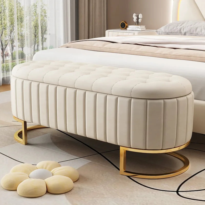 Banc de rangement élégant en velours capitonné, banquette rembourrée avec pieds en métal pour chambre à coucher