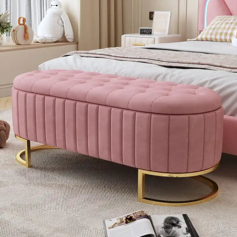 Banc de rangement élégant en velours capitonné, banquette rembourrée avec pieds en métal pour chambre à coucher