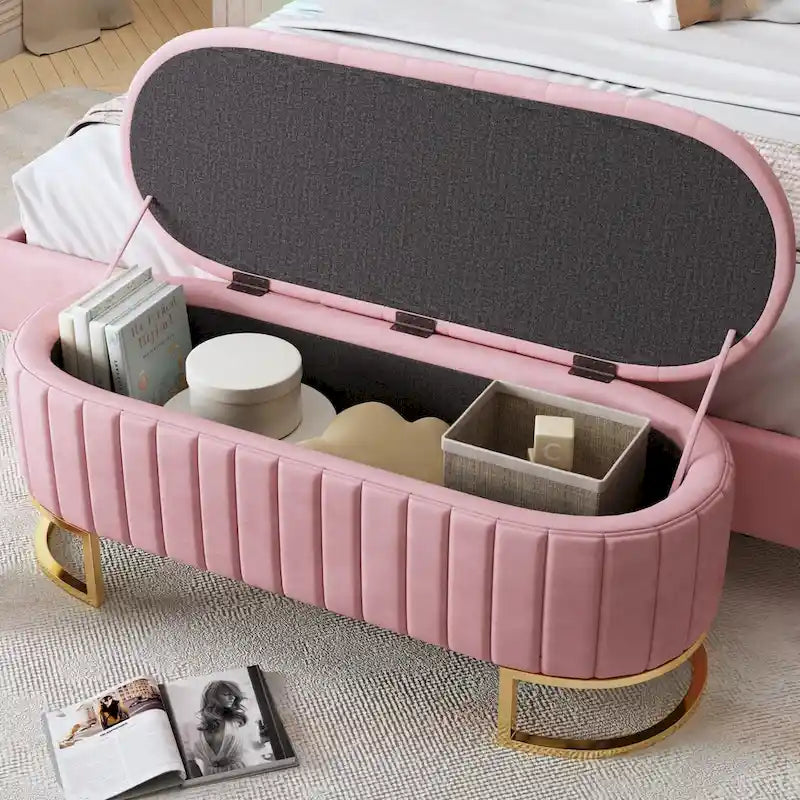 Banc de rangement élégant en velours capitonné, banquette rembourrée avec pieds en métal pour chambre à coucher