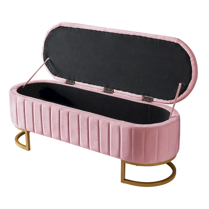 Banc de rangement élégant en velours capitonné, banquette rembourrée avec pieds en métal pour chambre à coucher