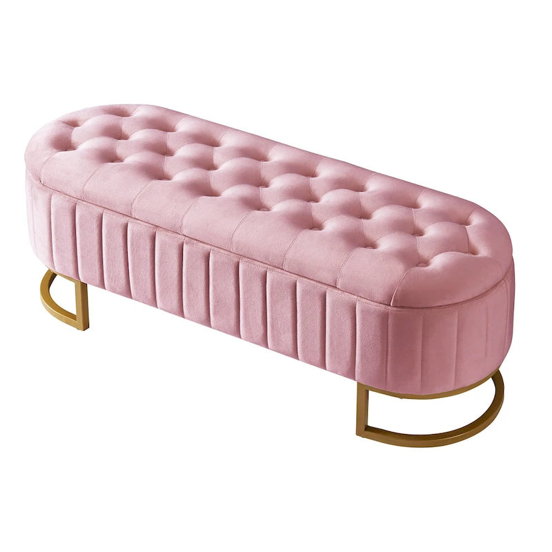Banc de rangement élégant en velours capitonné, banquette rembourrée avec pieds en métal pour chambre à coucher