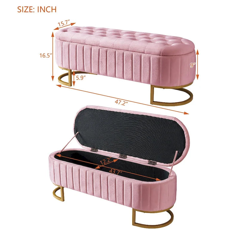 Banc de rangement élégant en velours capitonné, banquette rembourrée avec pieds en métal pour chambre à coucher