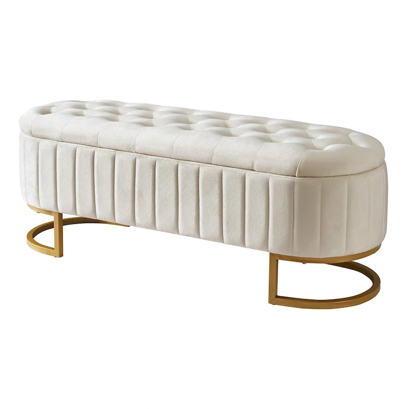 Banc de rangement élégant en velours capitonné, banquette rembourrée avec pieds en métal pour chambre à coucher