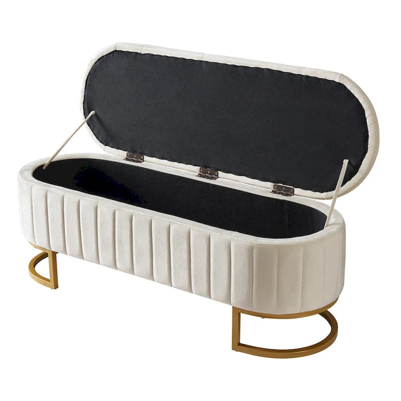 Banc de rangement élégant en velours capitonné, banquette rembourrée avec pieds en métal pour chambre à coucher
