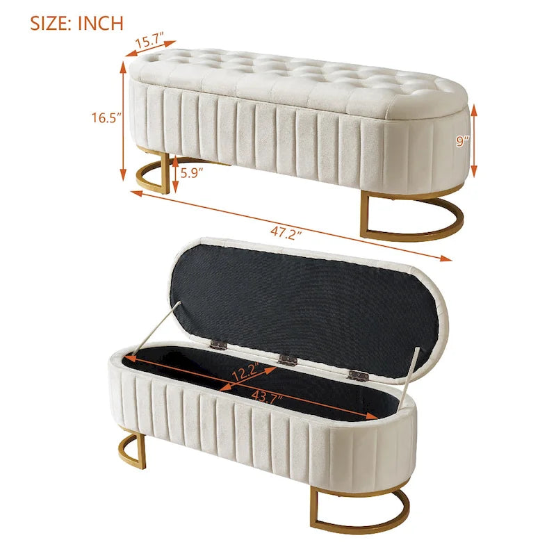 Banc de rangement élégant en velours capitonné, banquette rembourrée avec pieds en métal pour chambre à coucher