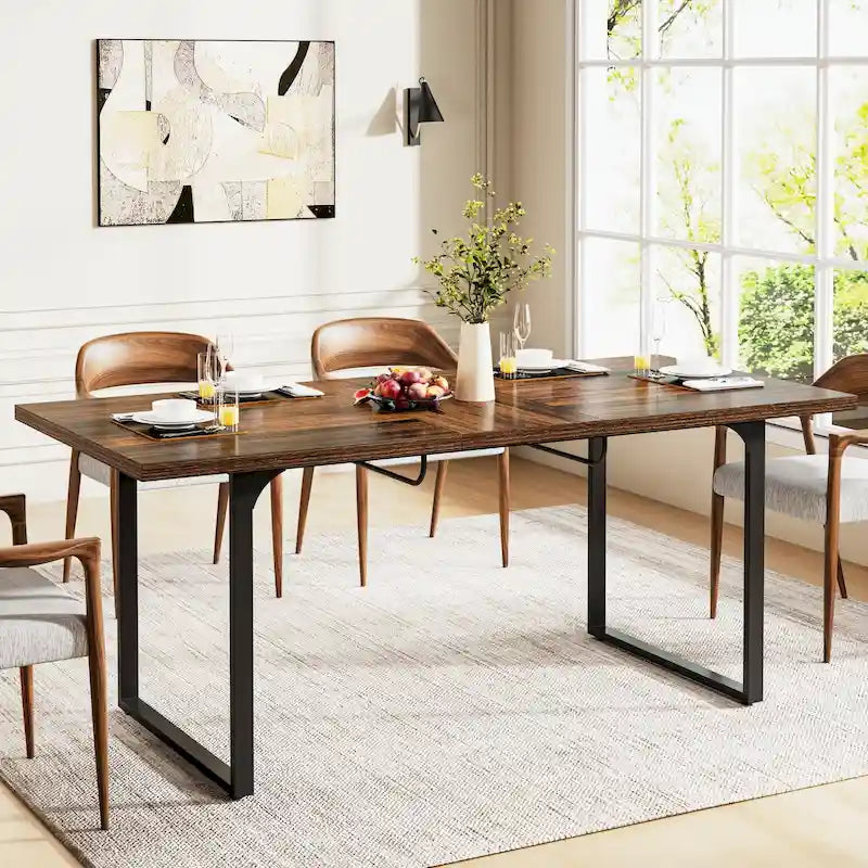 Table à manger extensible pour 6 à 8 personnes, table rectangulaire en bois avec cadre en métal