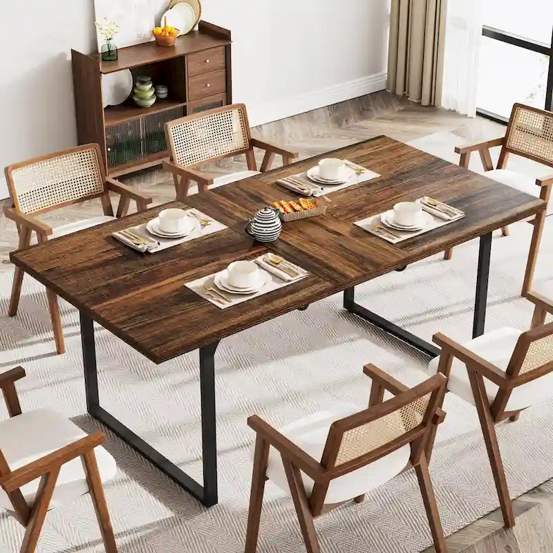 Table à manger extensible pour 6 à 8 personnes, table rectangulaire en bois avec cadre en métal