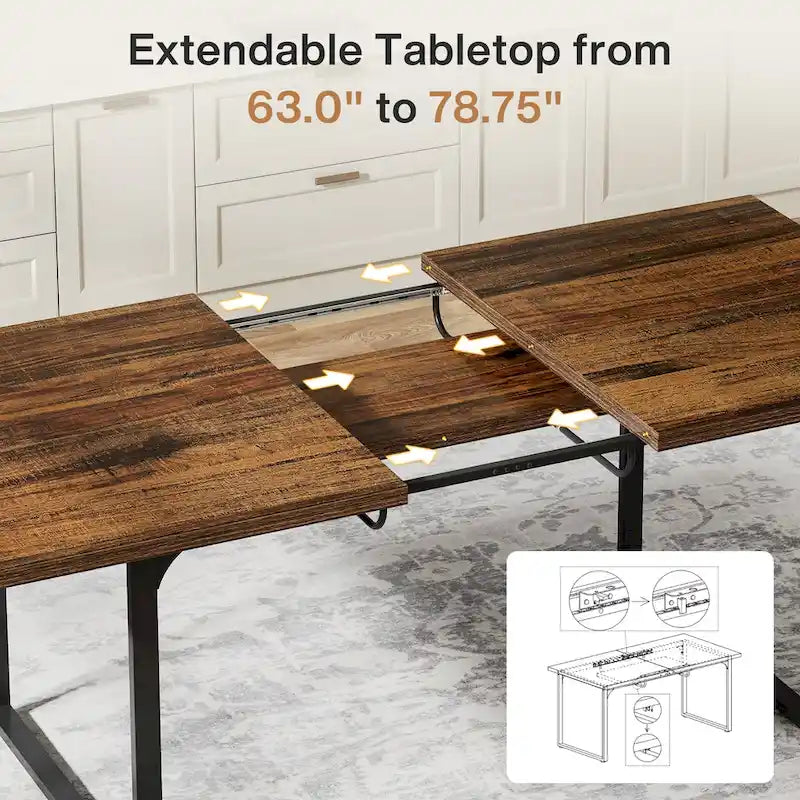 Table à manger extensible pour 6 à 8 personnes, table rectangulaire en bois avec cadre en métal