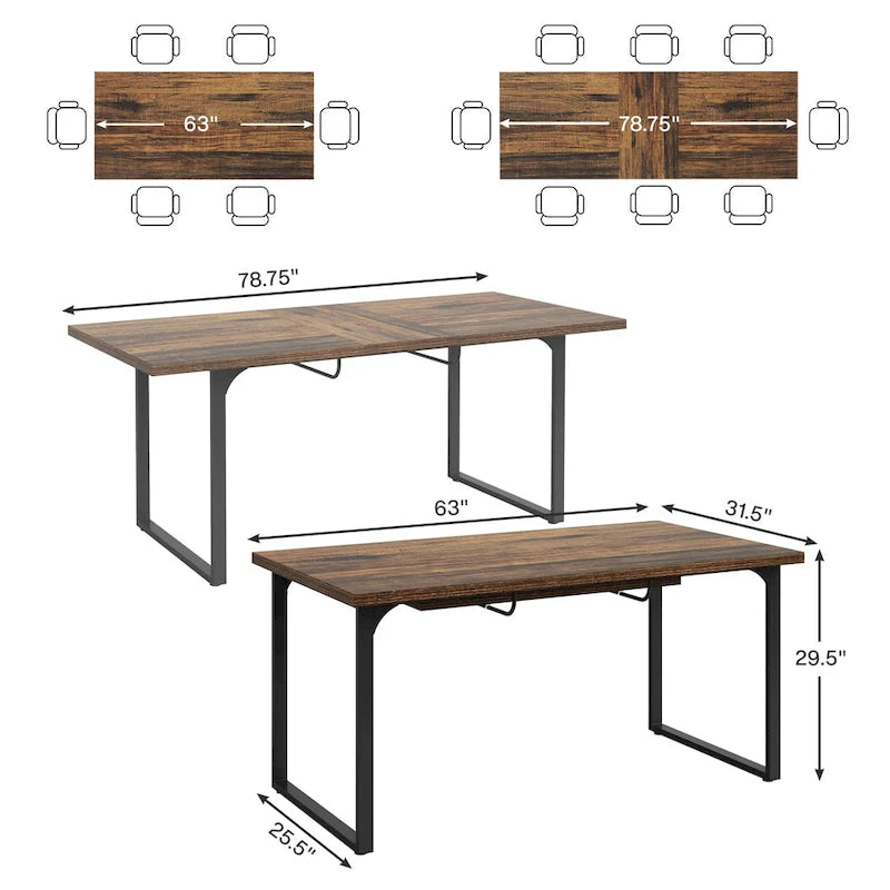 Table à manger extensible pour 6 à 8 personnes, table rectangulaire en bois avec cadre en métal