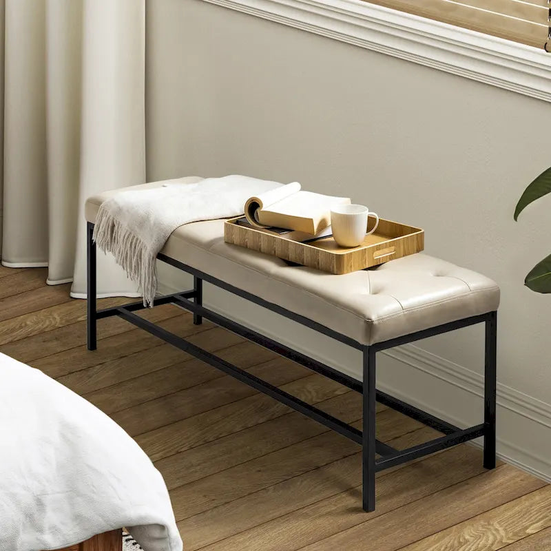 Banc de rangement capitonné contemporain de 127 cm de large avec pieds en métal