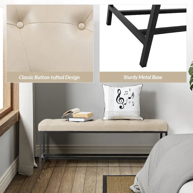 Banc de rangement capitonné contemporain de 127 cm de large avec pieds en métal