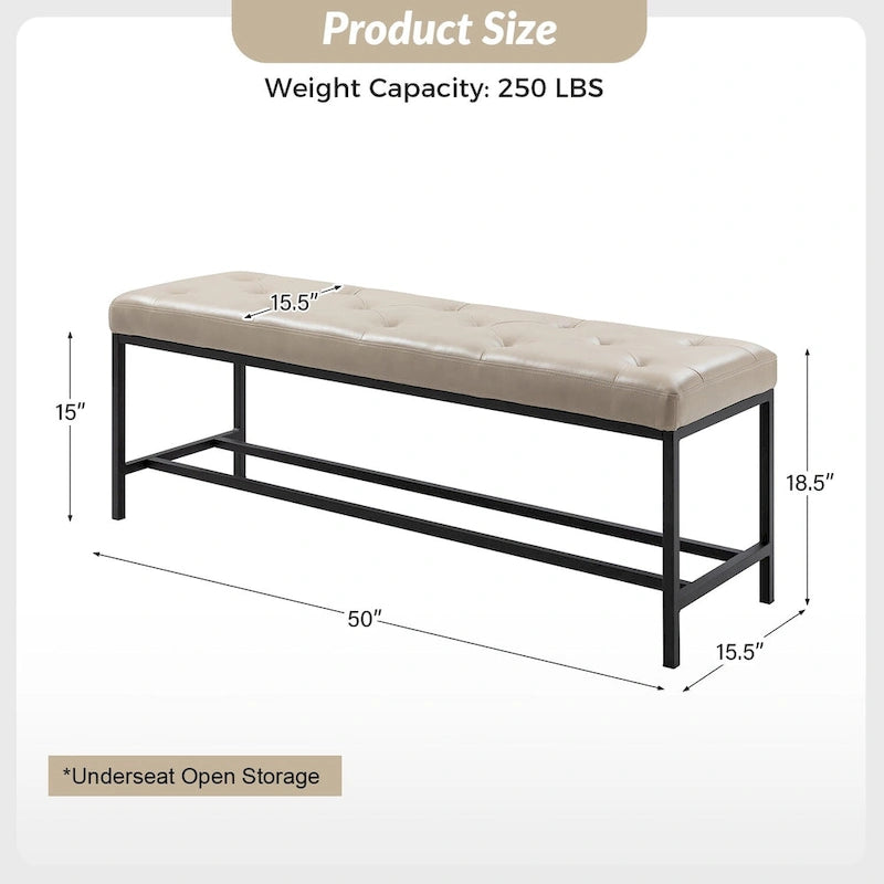 Banc de rangement capitonné contemporain de 127 cm de large avec pieds en métal