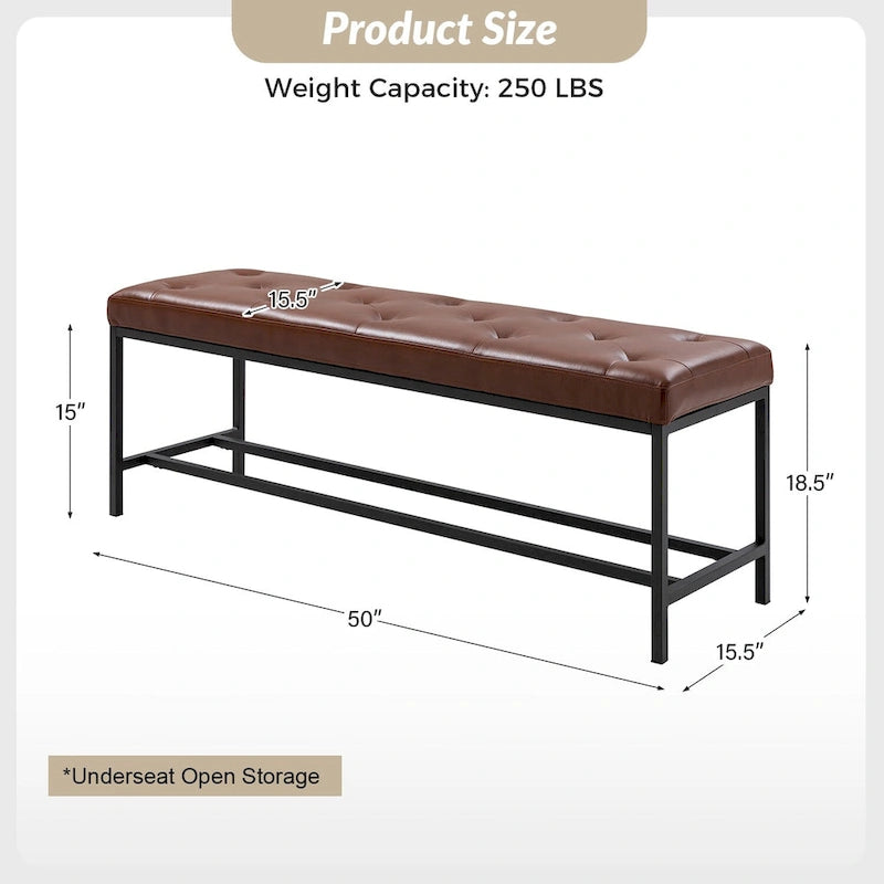 Banc de rangement capitonné contemporain de 127 cm de large avec pieds en métal