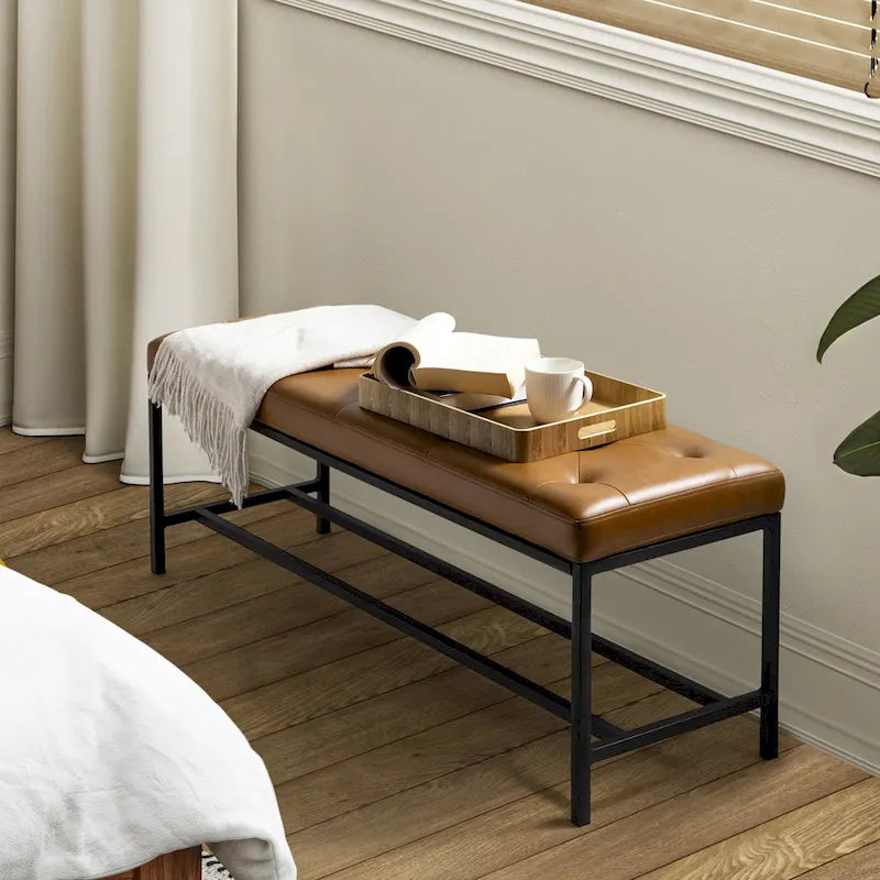 Banc de rangement capitonné contemporain de 127 cm de large avec pieds en métal