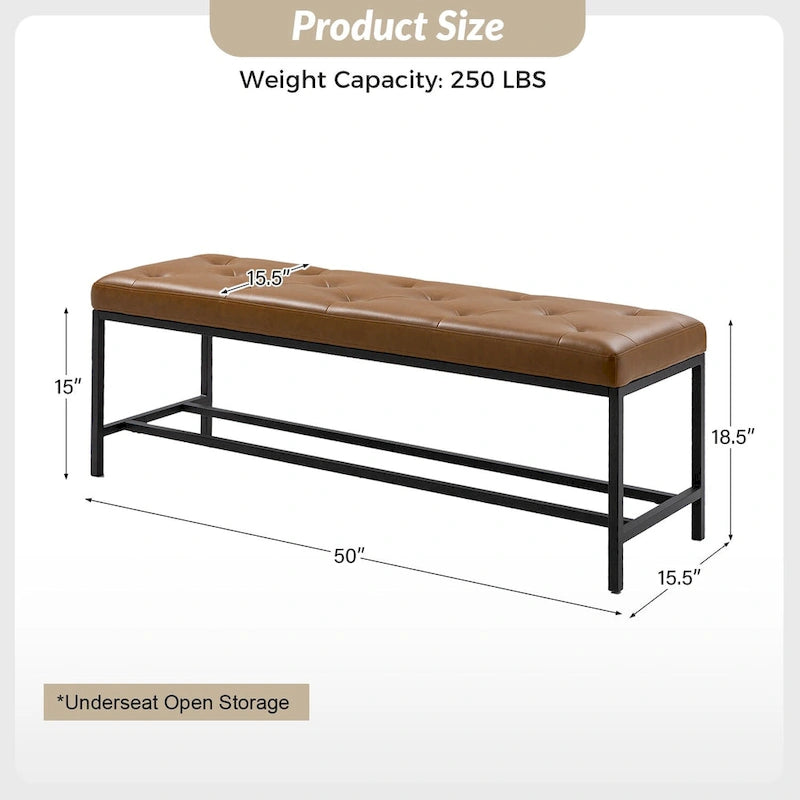 Banc de rangement capitonné contemporain de 127 cm de large avec pieds en métal