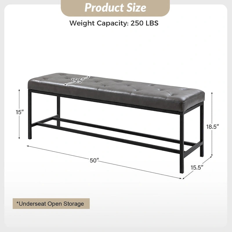 Banc de rangement capitonné contemporain de 127 cm de large avec pieds en métal