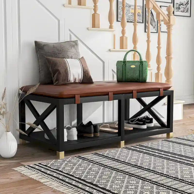 Banc de rangement en bois avec coussins amovibles en similicuir