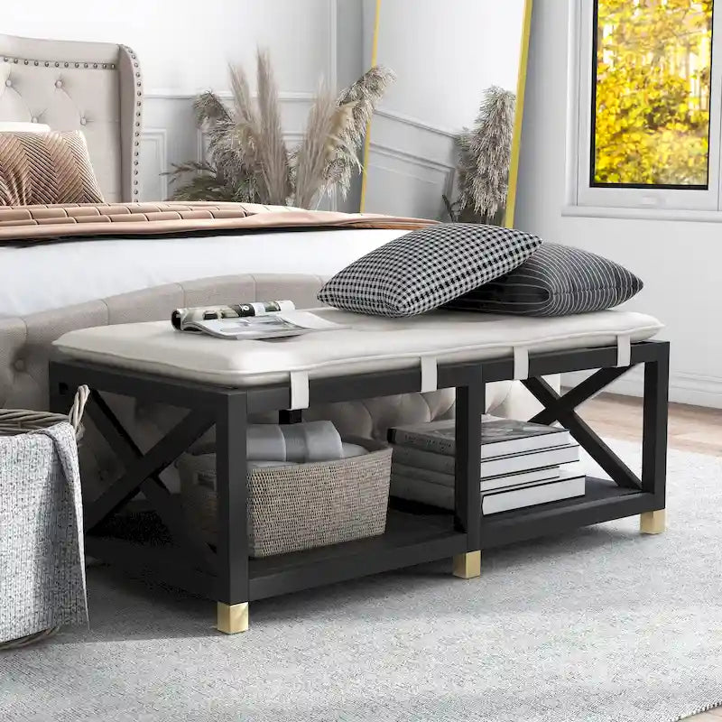 Banc de rangement en bois avec coussins amovibles en similicuir