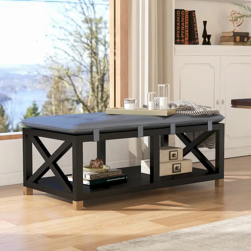 Banc de rangement en bois avec coussins amovibles en similicuir