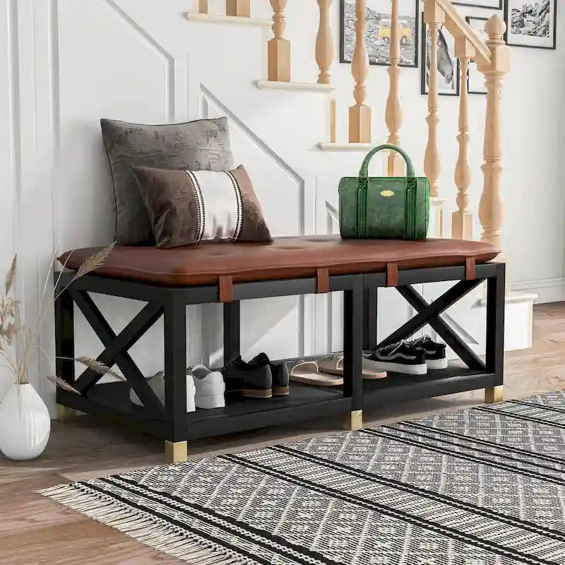 Banc de rangement en bois avec coussins amovibles en similicuir