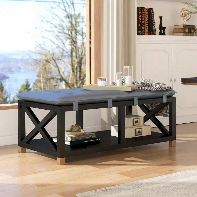 Banc de rangement en bois avec coussins amovibles en similicuir