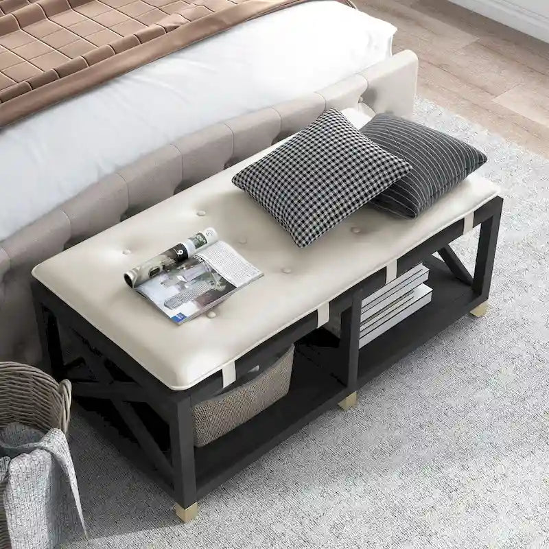 Banc de rangement en bois avec coussins amovibles en similicuir
