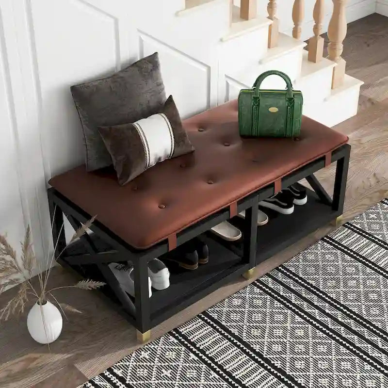 Banc de rangement en bois avec coussins amovibles en similicuir