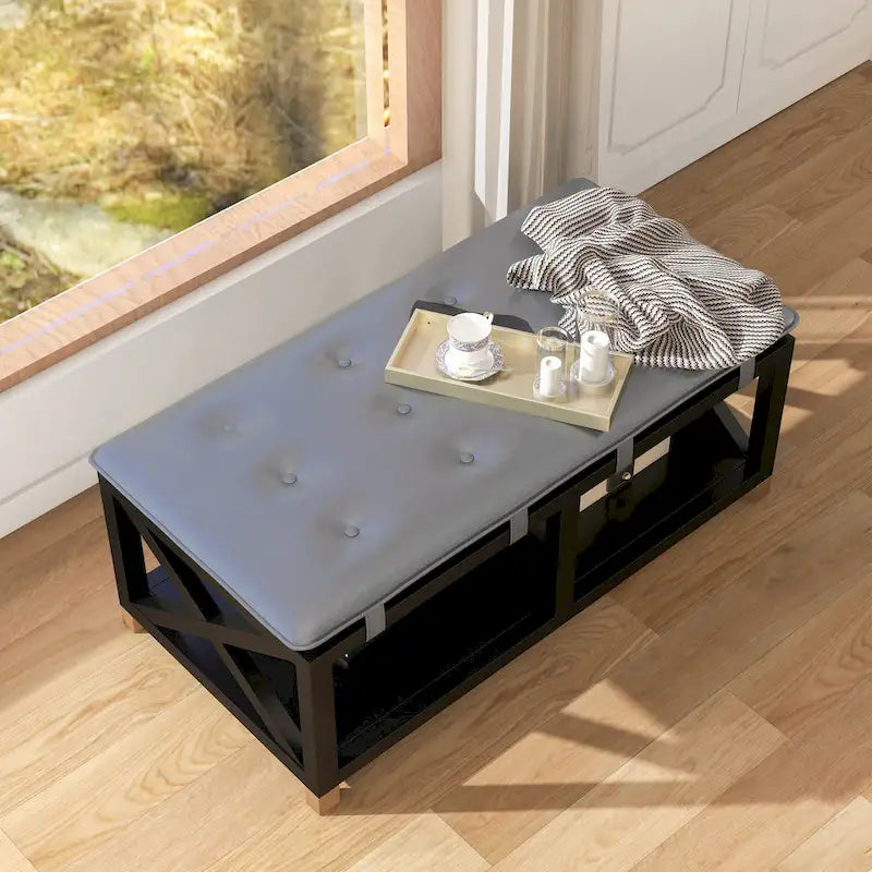 Banc de rangement en bois avec coussins amovibles en similicuir