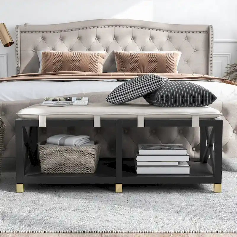 Banc de rangement en bois avec coussins amovibles en similicuir