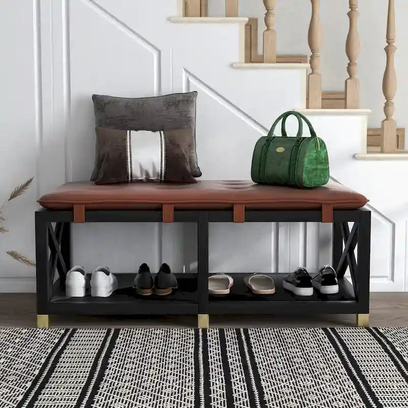 Banc de rangement en bois avec coussins amovibles en similicuir