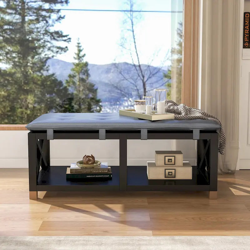 Banc de rangement en bois avec coussins amovibles en similicuir